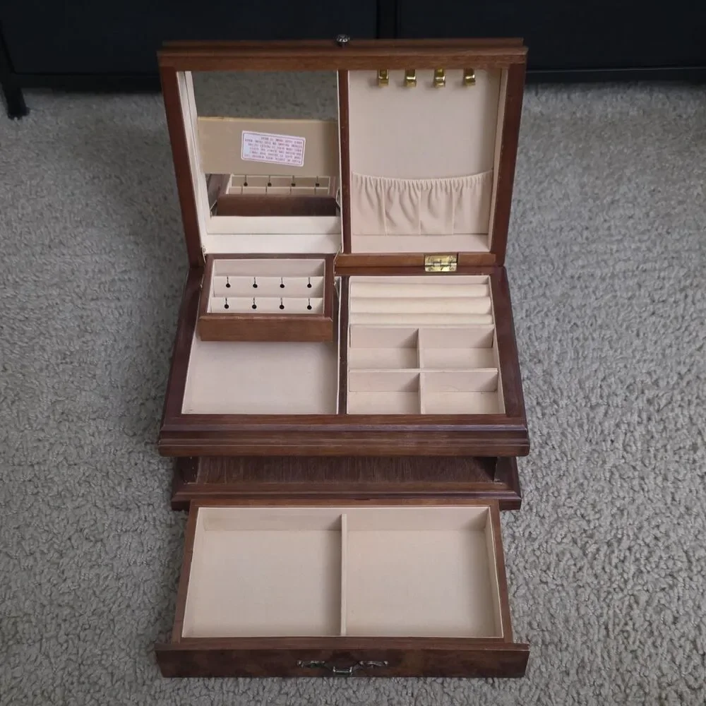 Pristine Vintage 1980s Burl Wood Jewelry Box Large Keepsake Chest Drawer Mint